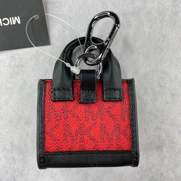 MICHAEL KORS Micro Signature Logo Earbud Case AirPod Case Red Womens Purse Fob - Picture 4 of 14